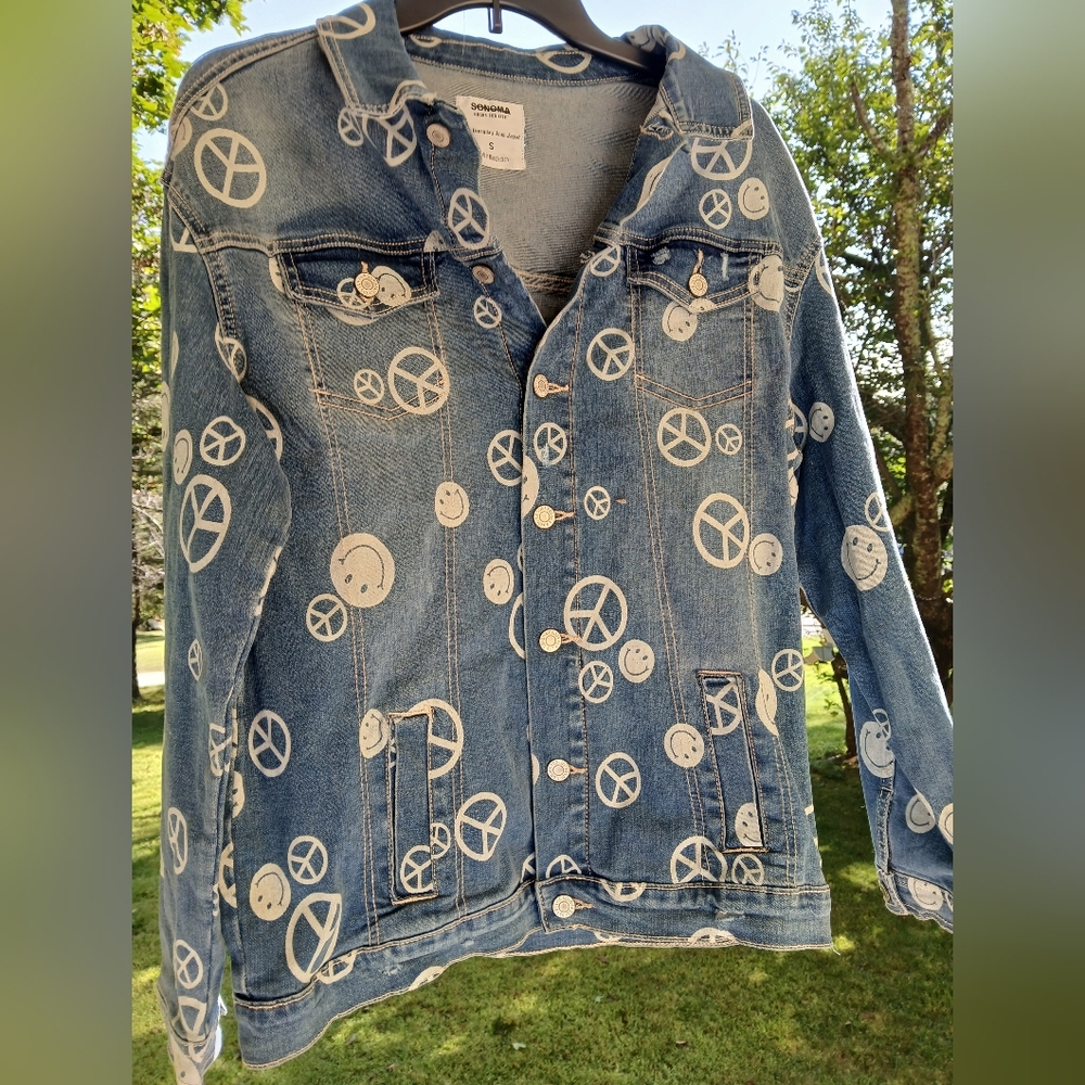 Sonoma  Denim Jacket Peace Signs And Smiley Face Print SZ S